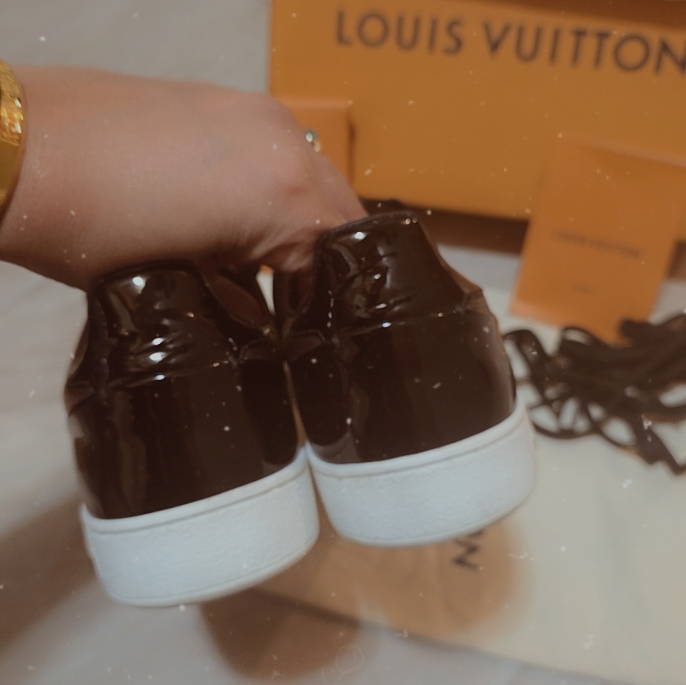 Louis Vuitton Patent Monogram Frontrow Sneakers MS1220 Size 39 Black Brown Gold - Picture 6 of 10